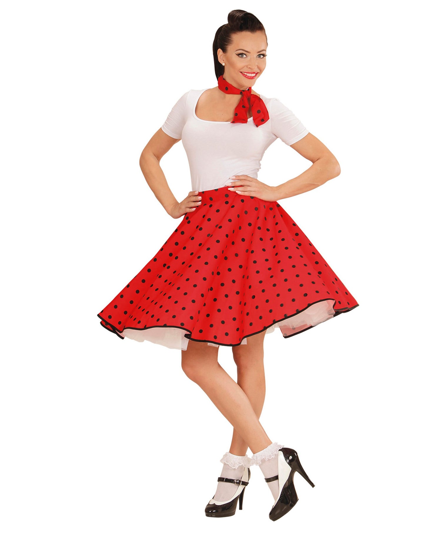 Dámská červená puntíkovaná sukně a šátek ve stylu 50. let