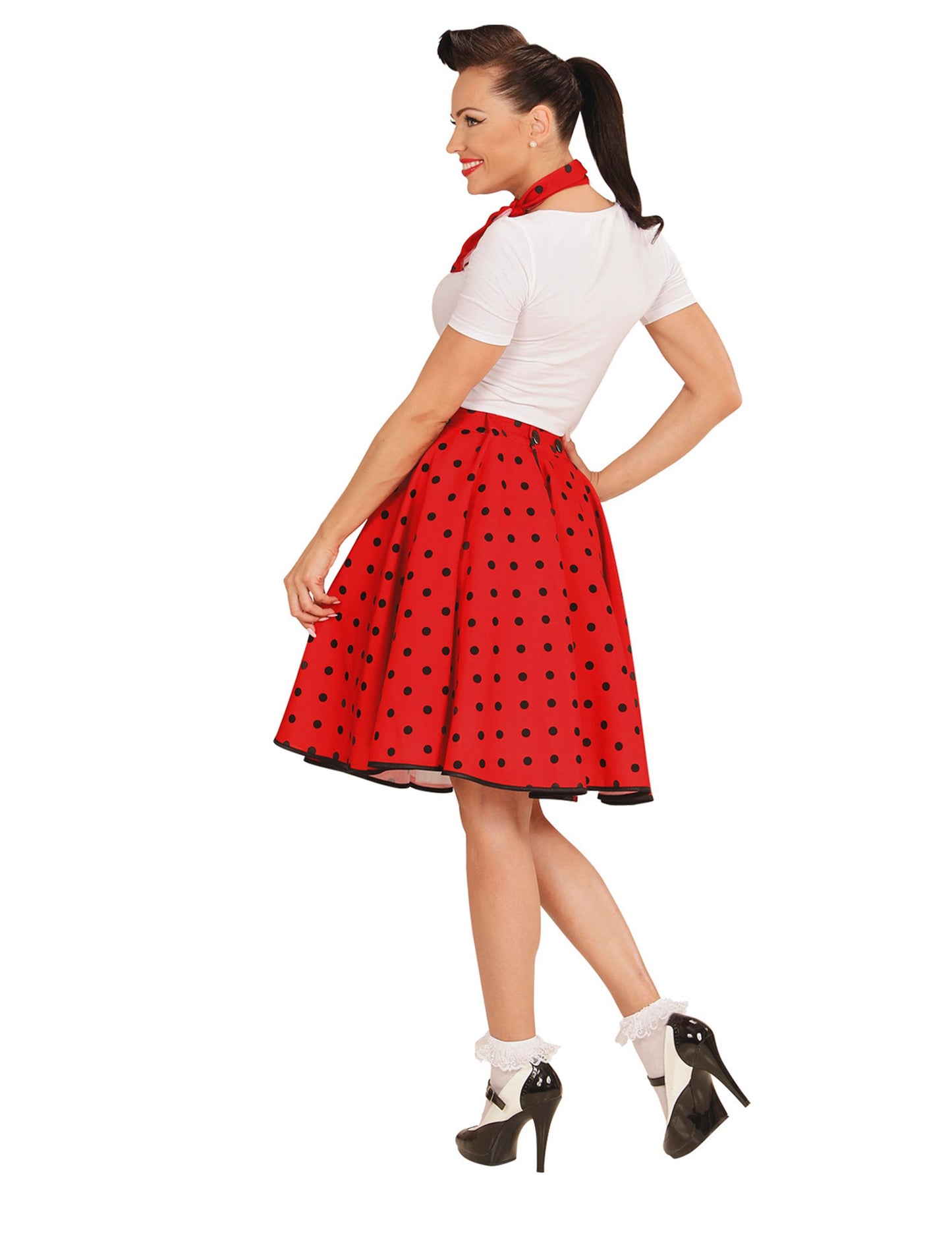 Dámská červená puntíkovaná sukně a šátek ve stylu 50. let