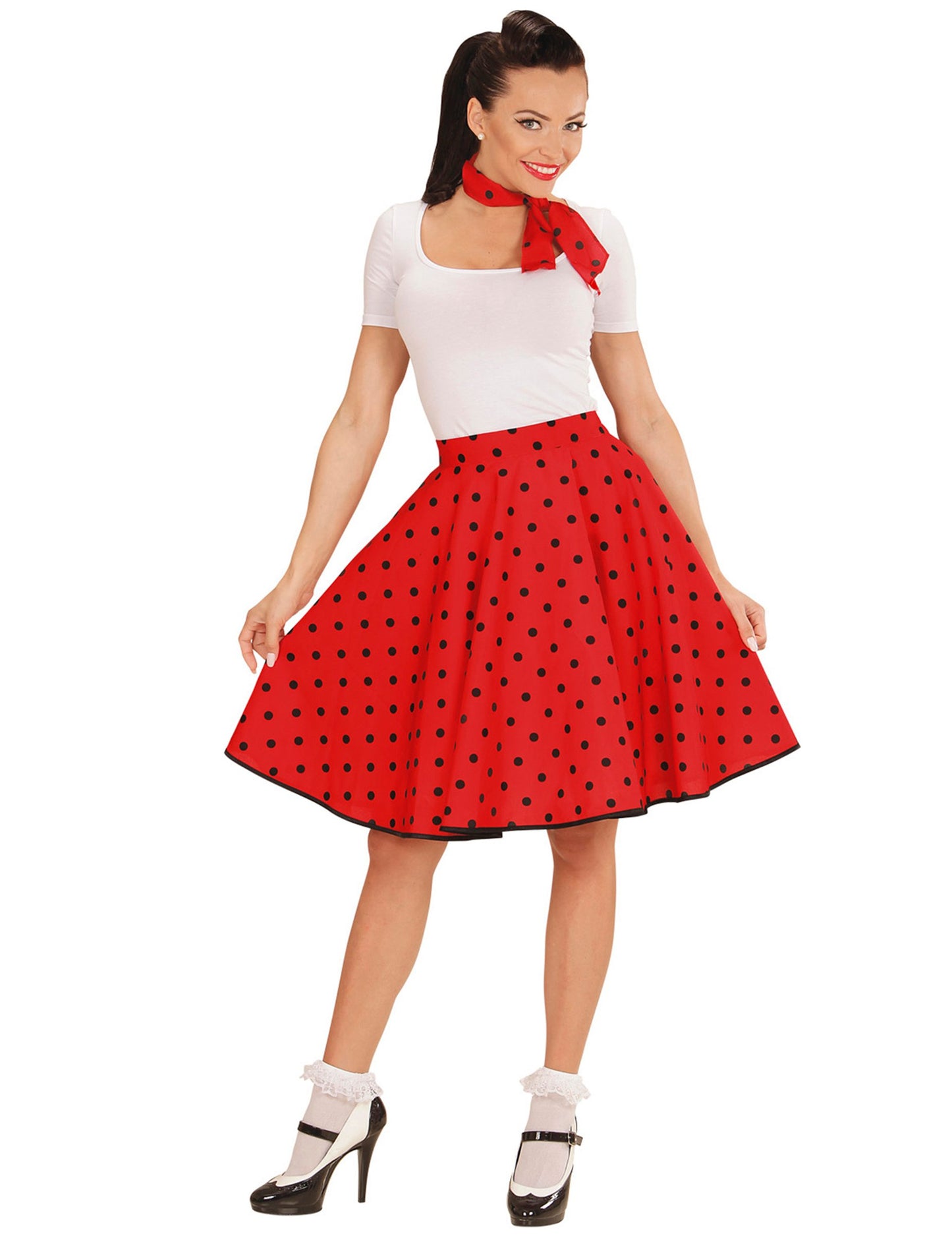 Dámská červená puntíkovaná sukně a šátek ve stylu 50. let