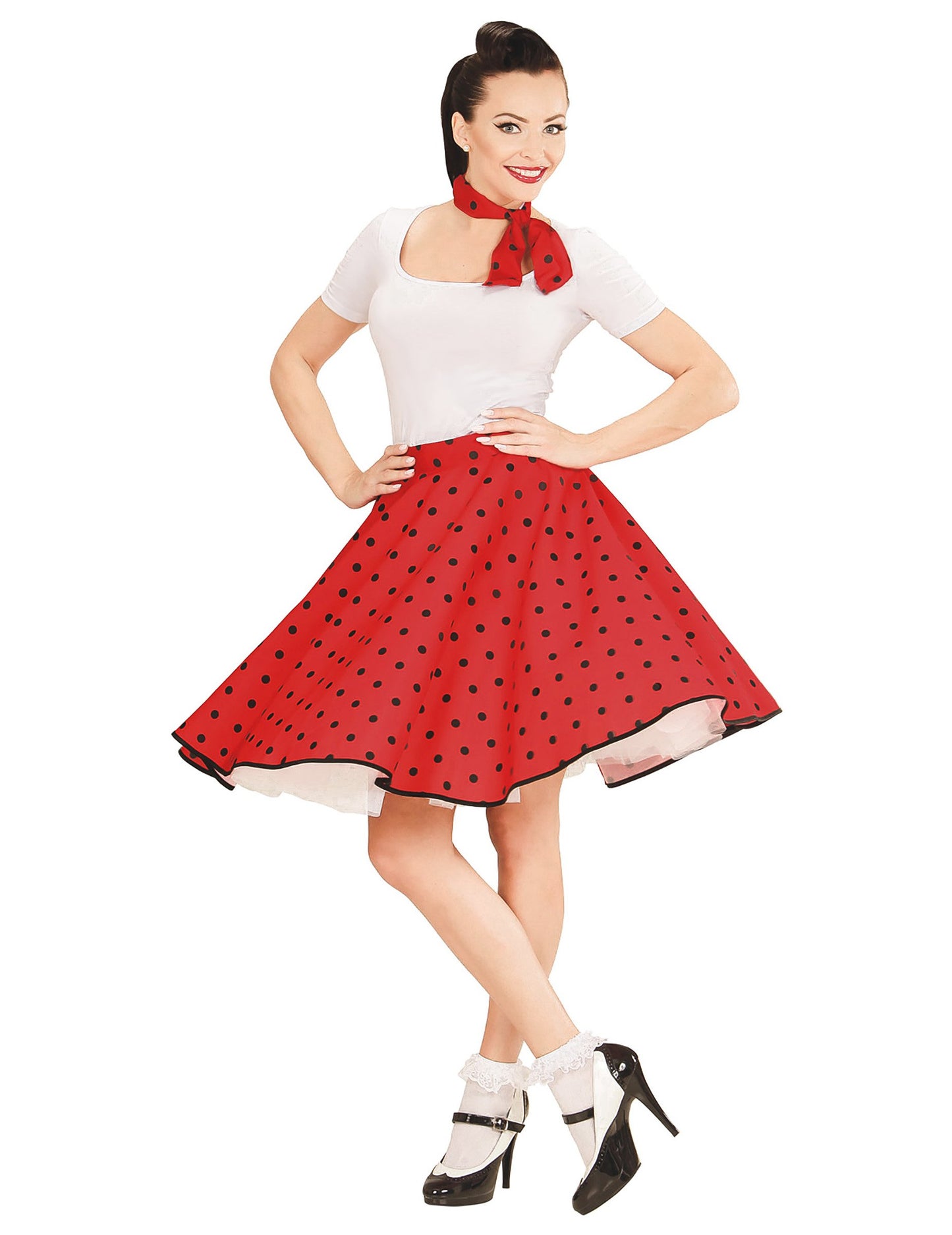Dámská červená puntíkovaná sukně a šátek ve stylu 50. let