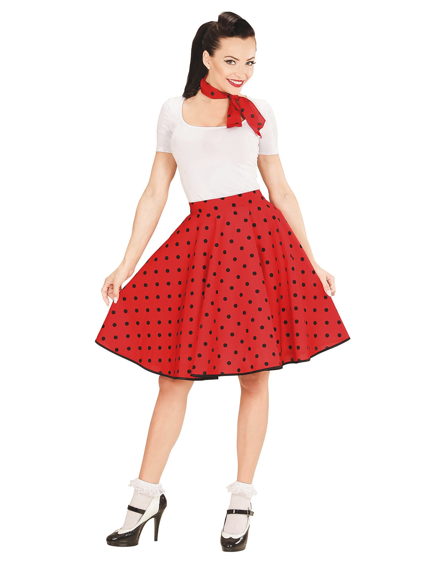Dámská červená puntíkovaná sukně a šátek ve stylu 50. let