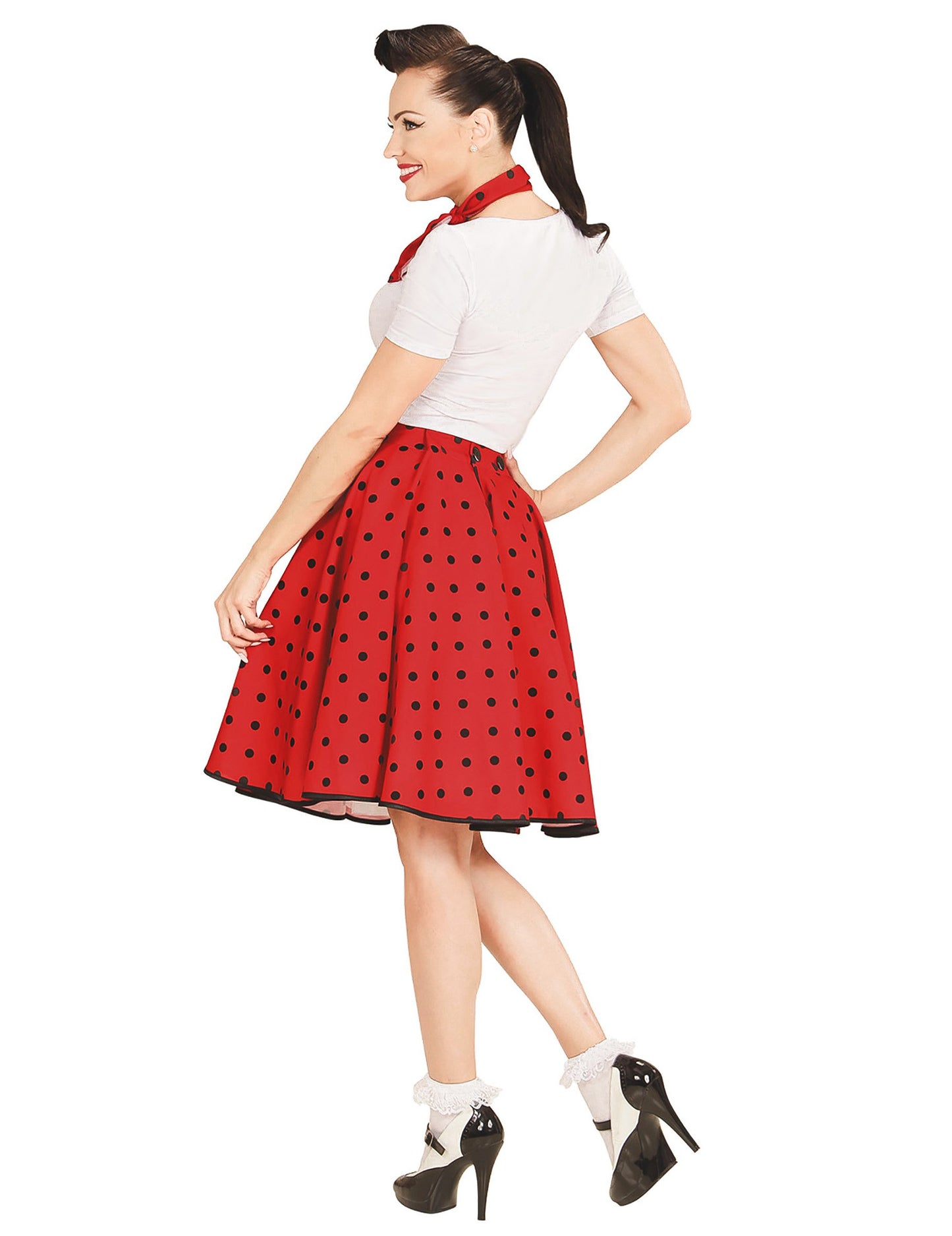 Dámská červená puntíkovaná sukně a šátek ve stylu 50. let