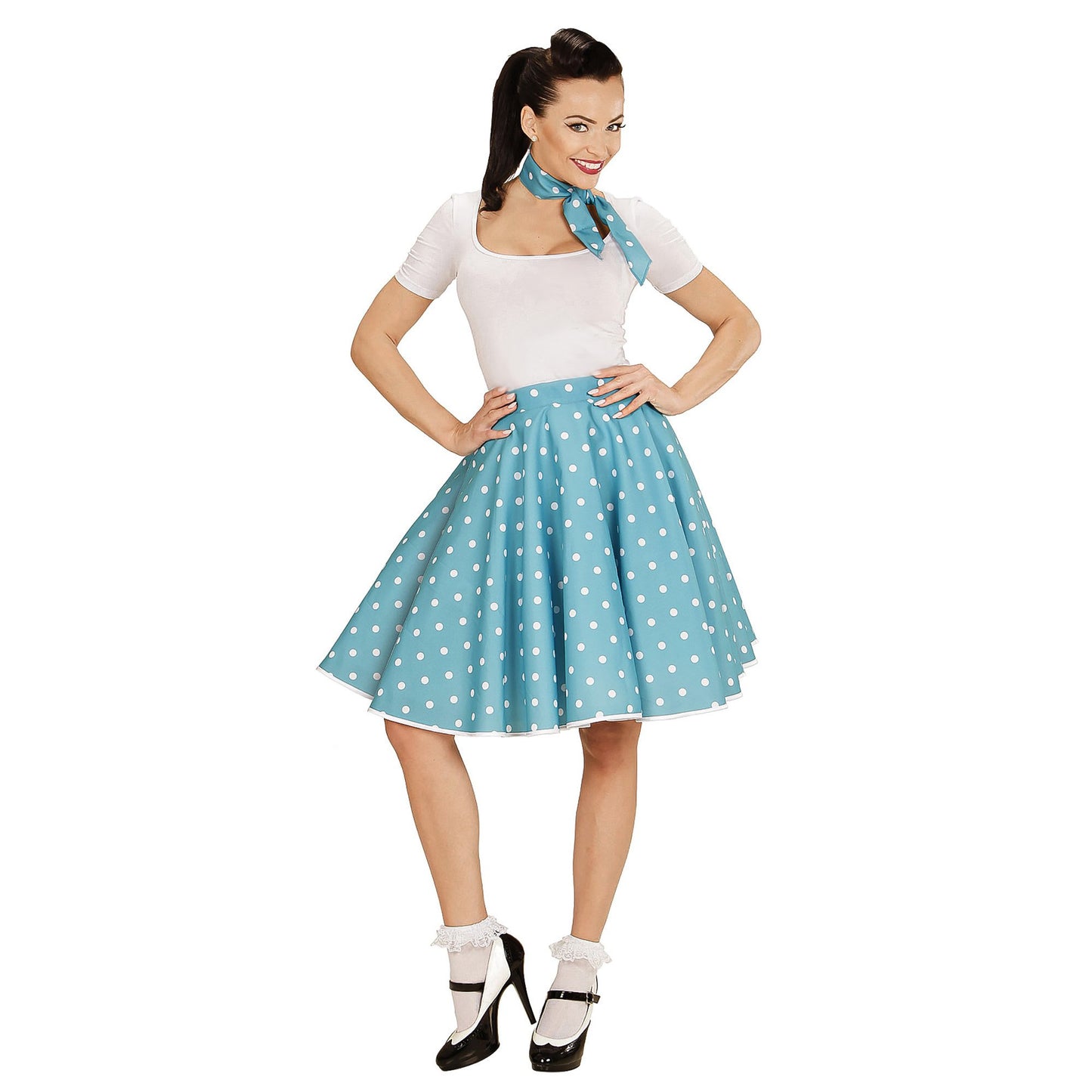 Dámská tyrkysová puntíkovaná sukně a šátek ve stylu 50. let