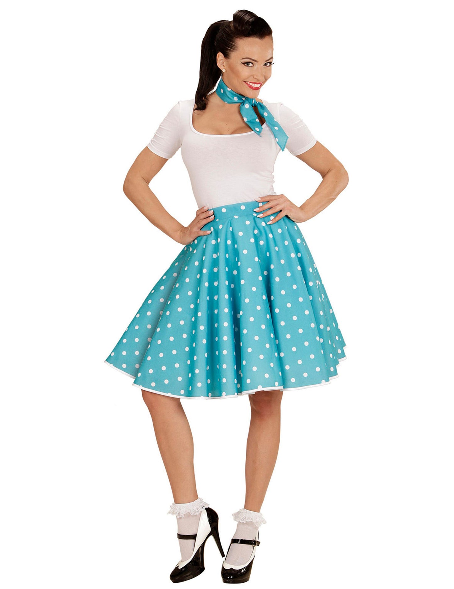 Dámská tyrkysová puntíkovaná sukně a šátek ve stylu 50. let