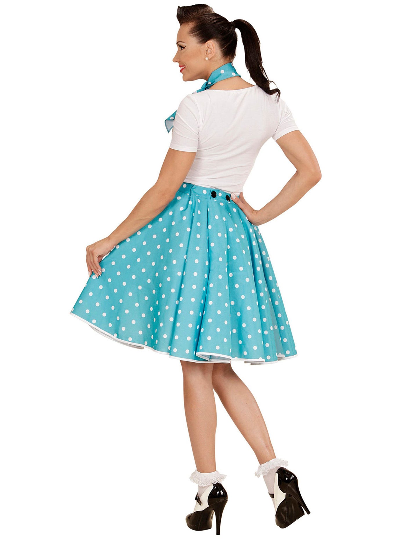 Dámská tyrkysová puntíkovaná sukně a šátek ve stylu 50. let