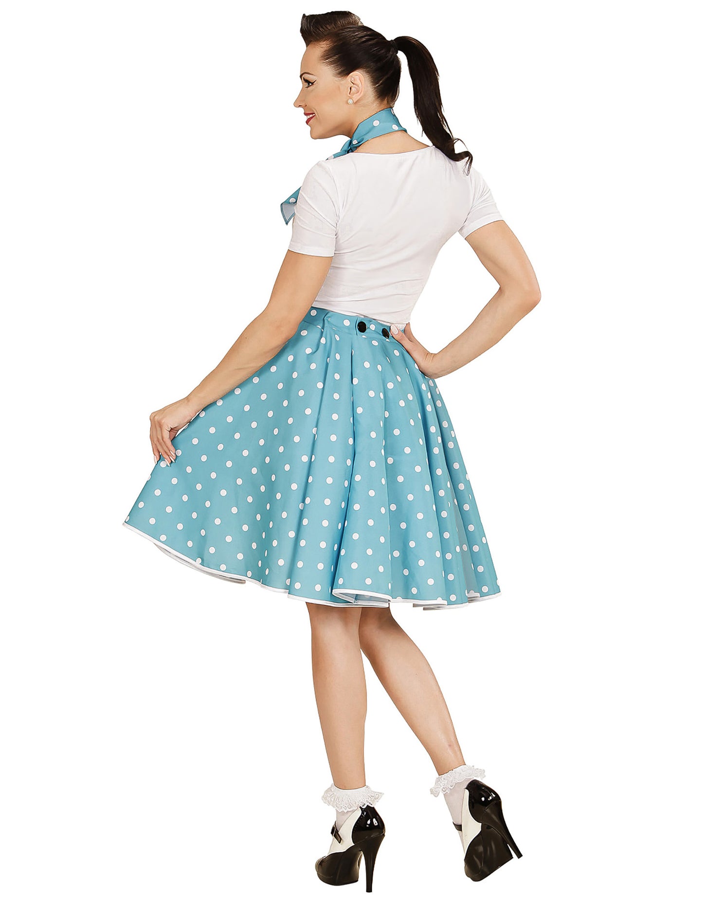 Dámská tyrkysová puntíkovaná sukně a šátek ve stylu 50. let