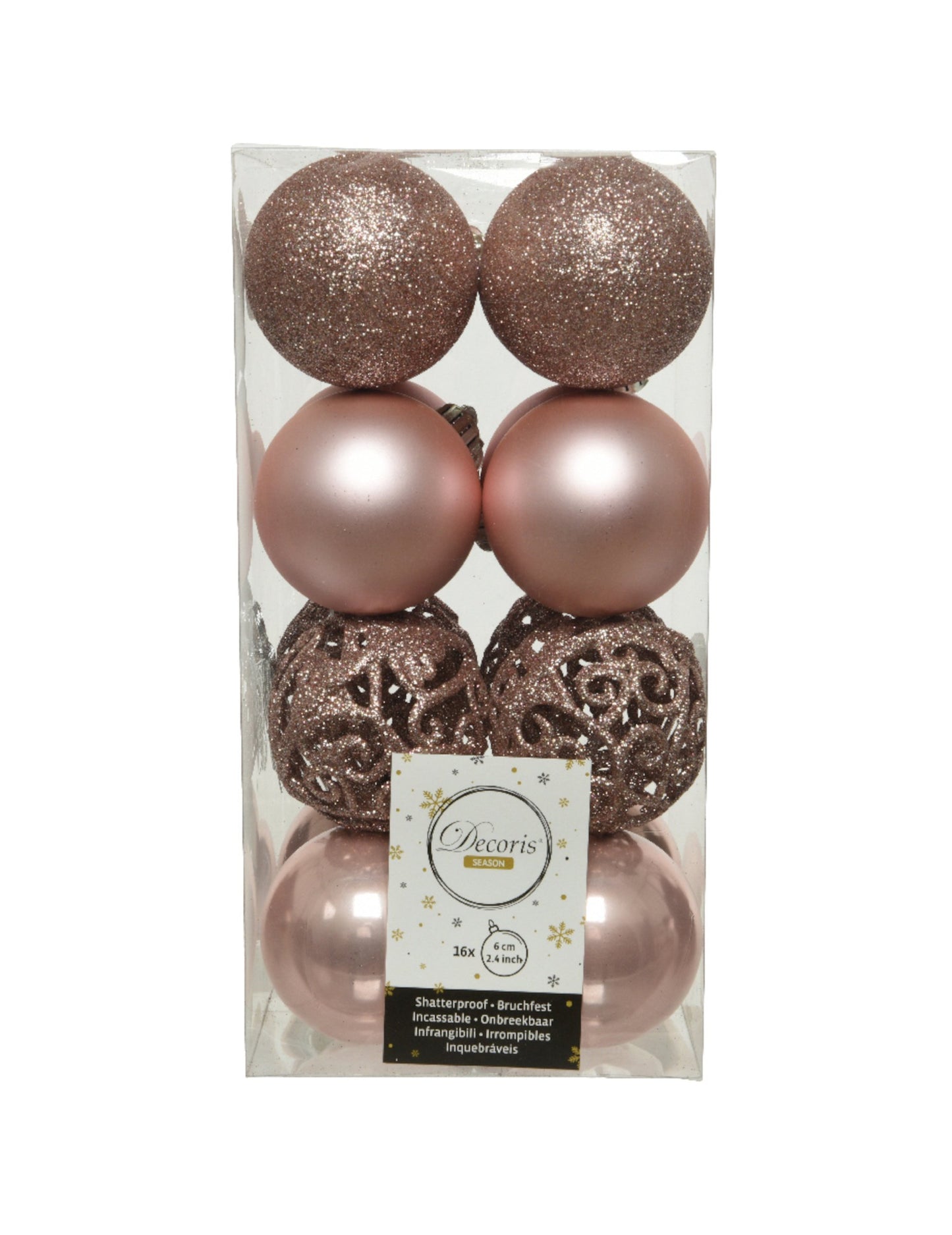 Vue de face de l'emballage du lot de boules de noël rose gold brillantes mates et pailletées