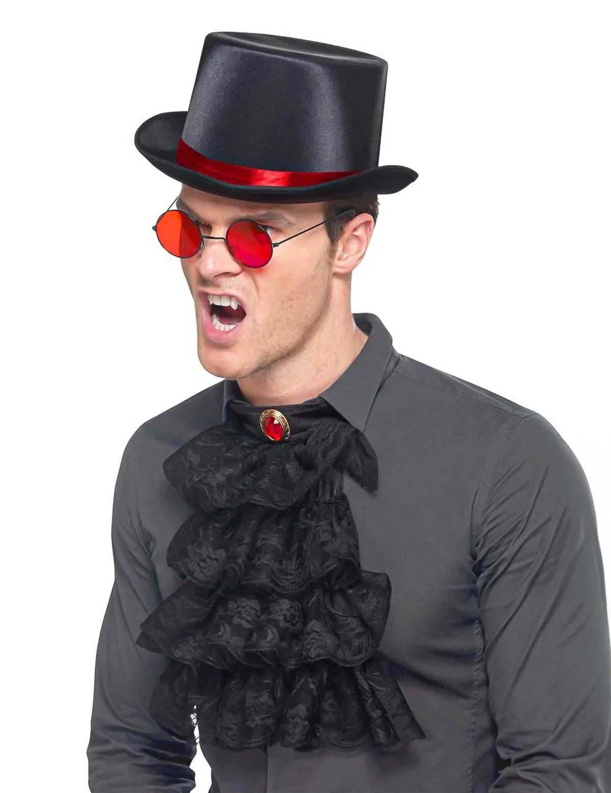 Gothický halloweenský doplněk pro dospělý černá s cylindrem, červenými brýlemi a volánem na krk