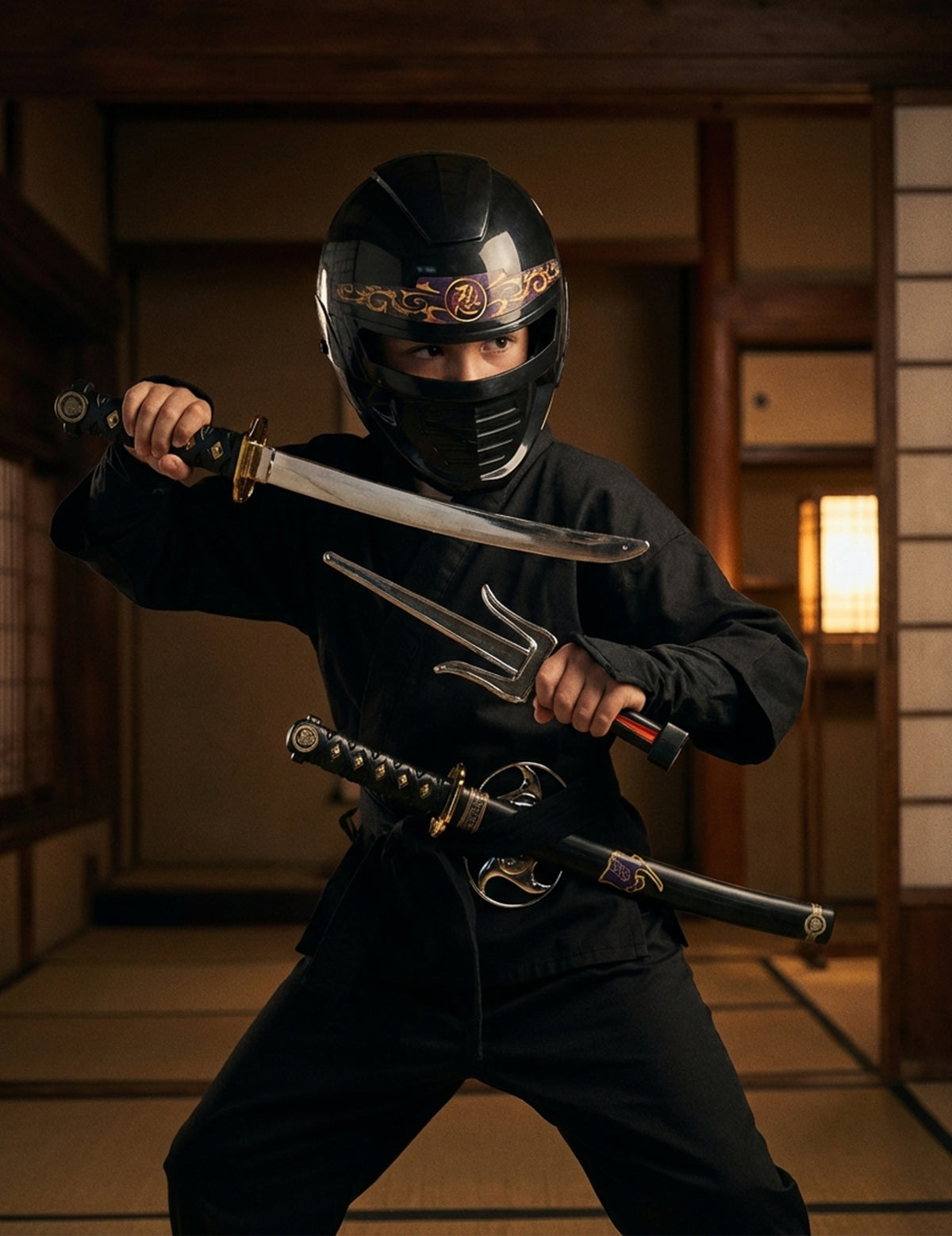 Kit accessoires armes et masque ninja pour enfant noir avec katana et saï