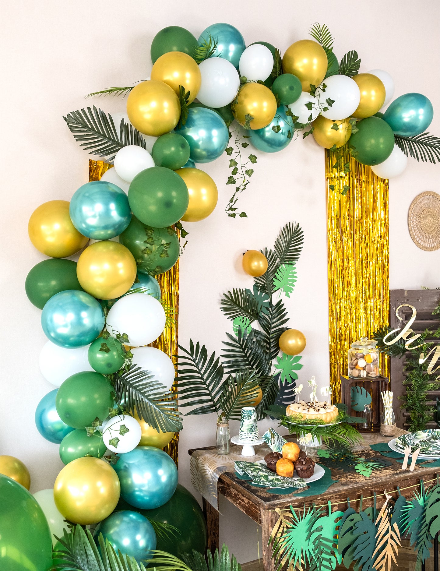 Sada tropického balónkového oblouku s 86 listy břečťanu, palmy a monstery