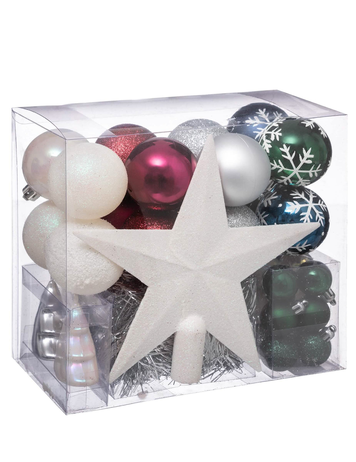 Sada vánočních ozdob na stromeček pro párty bílá červená modrá zelená s koulemi a špičkou
