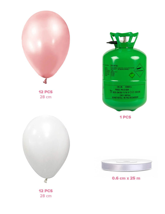 Sada s lahví hélia s 12 balónky v barvě rose gold, 12 bílými balónky a stužkou