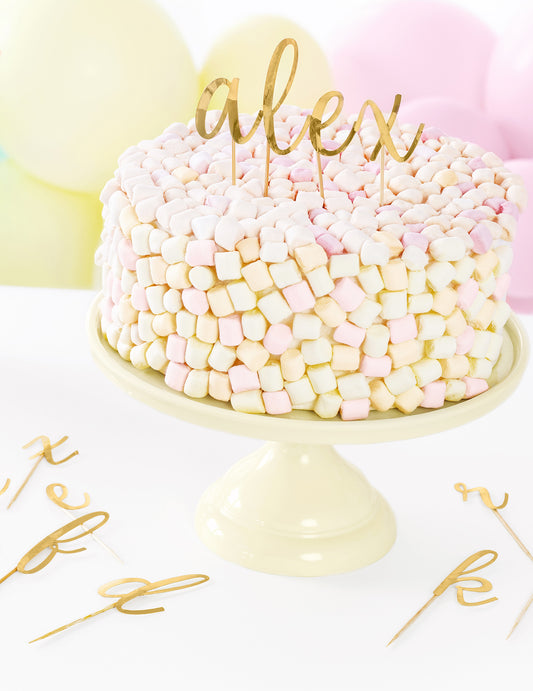 Kit Tortenaufsätze aus Holz mit goldenen Metallbuchstaben für Kuchen