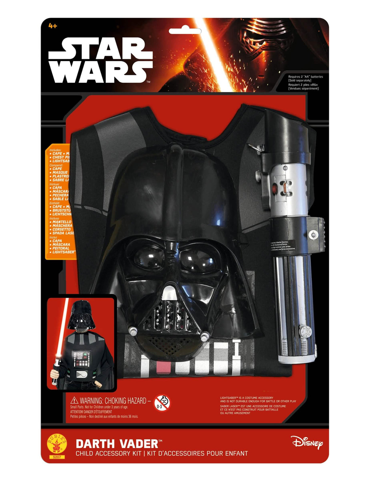 Pohled na balení s doplňky sady Darth Vader pro dítě