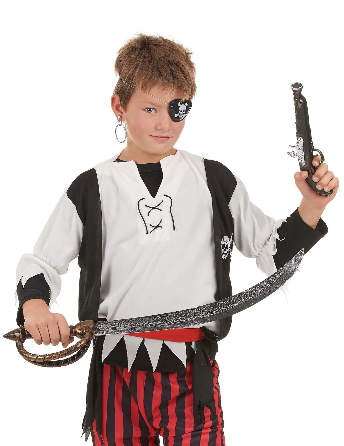 Detailní záběr na doplňky z plastové sady piráta pro dítě a dospělý
