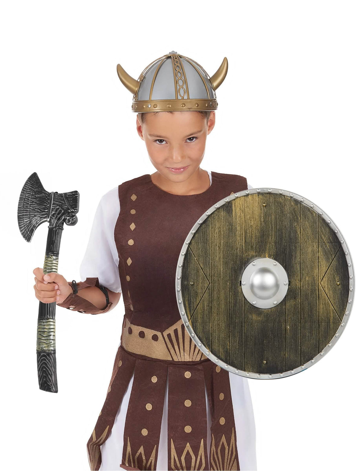 Pohled zepředu na dítě nosící vikingskou soupravu pro dítě
