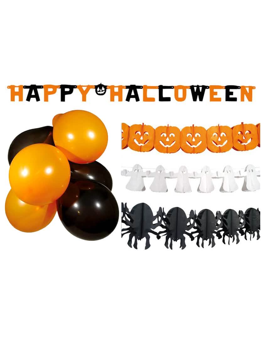 Sada dekorací na halloween pro oranžovou, černou a bílou oslavu s balónky a girlandami