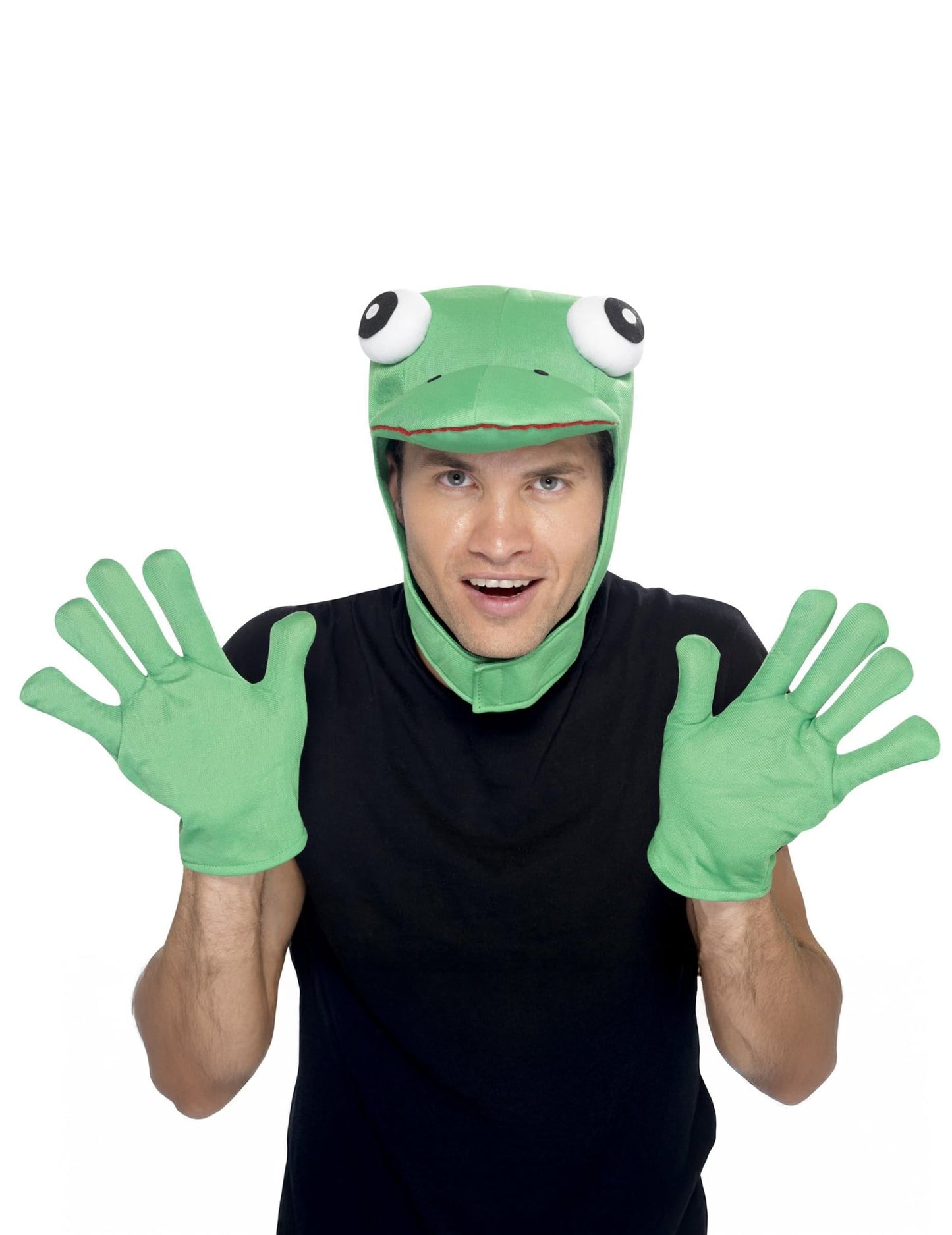 Vue de face de la cagoule et des gants du kit grenouille pour adulte