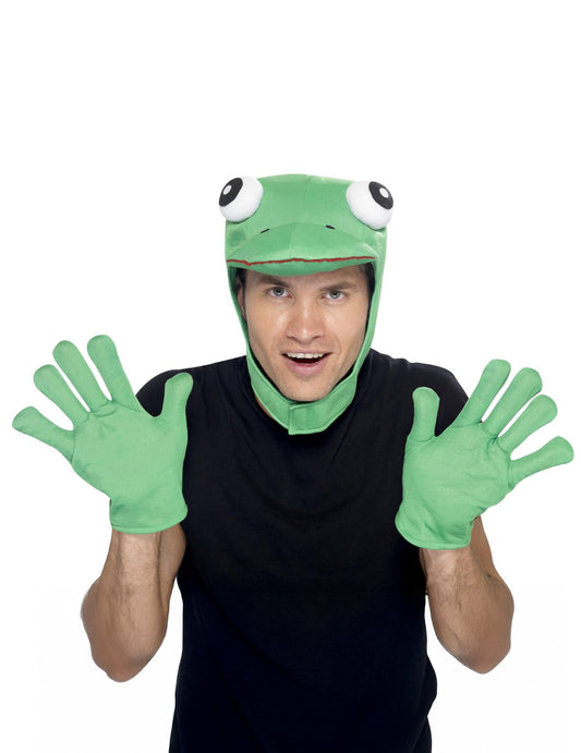 Vue de face de la cagoule et des gants du kit grenouille pour adulte