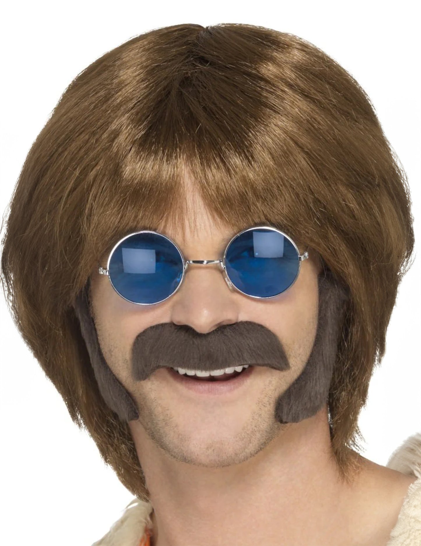 Hnědá hippie sada s knírem a licousy pro muže