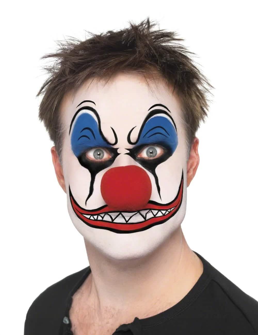 Příklad líčení klauna modrá a červená z kitu líčidel na klauna pro dospělý