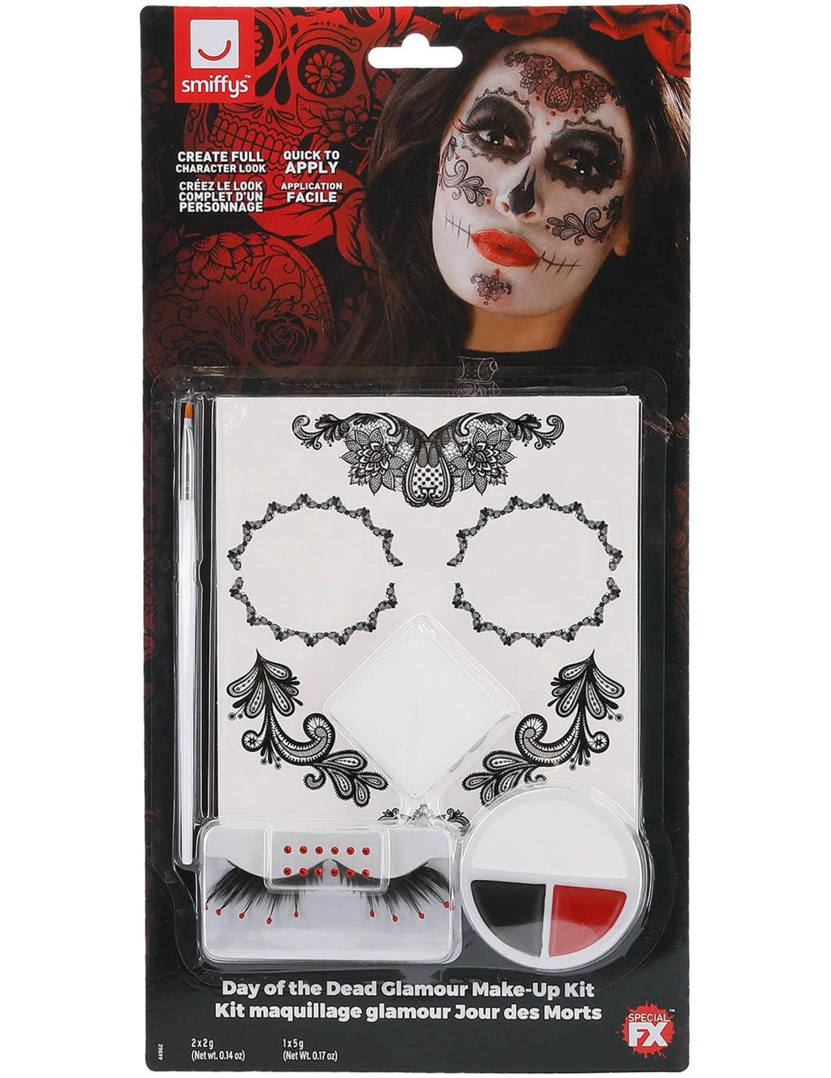 Pohled na obal glamurového líčidla s umělými řasami a šperky Dia de los muertos
