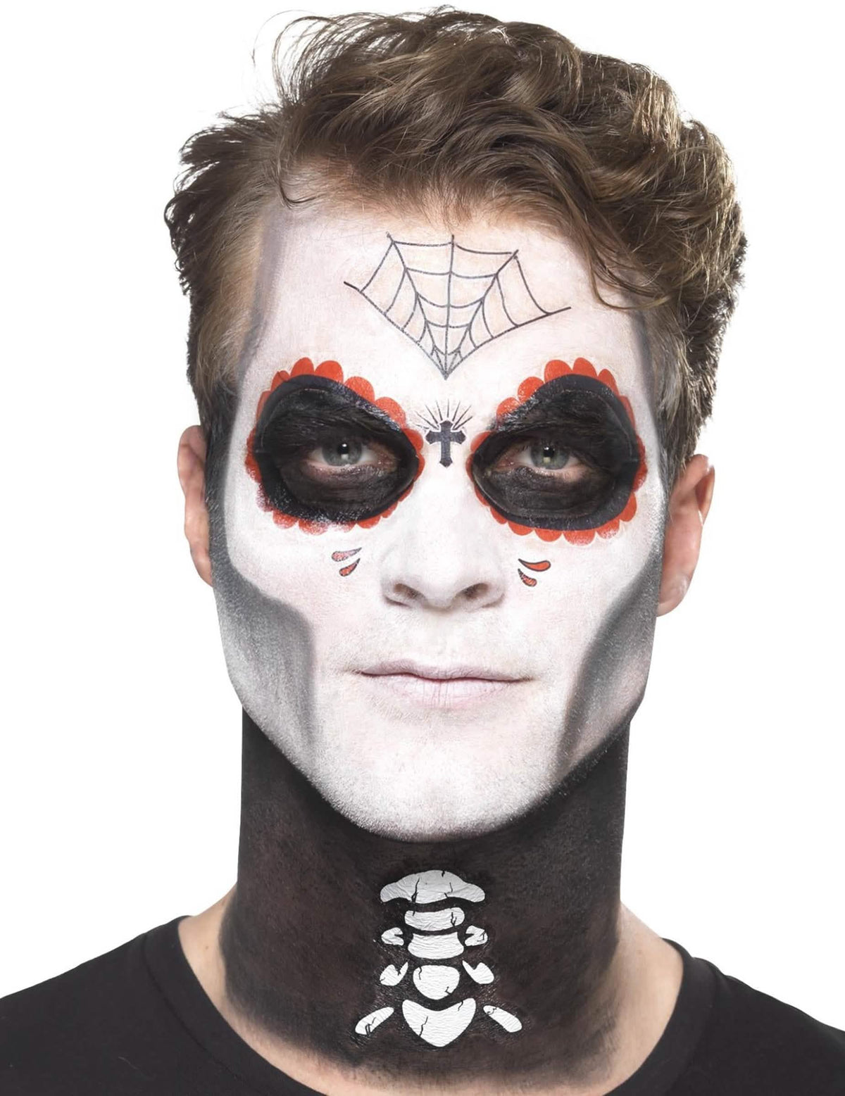 Detail na vzory obličeje a krku sady líčidel mexické kostry Dia de los muertos