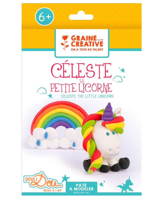 Vue de face de l'emballage du kit pâte à modeler Céleste la petite licorne