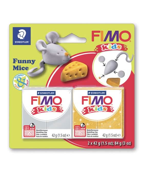 Sada modelovací hmoty Fimo myši pro dítě, šedá a žlutá s glitry, 2 kusy