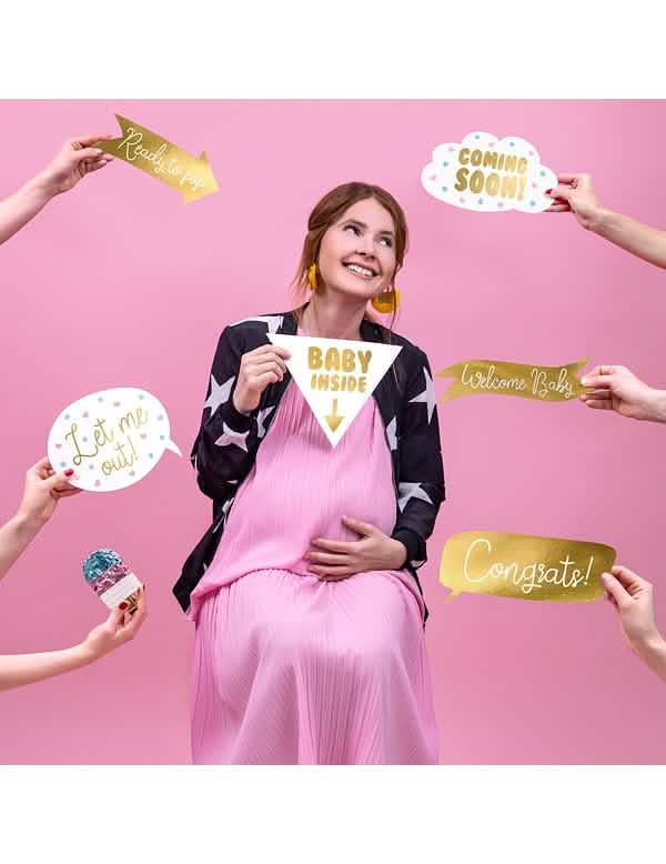 Ukázka sady photobooth baby shower bílá a zlatá 6 dílů