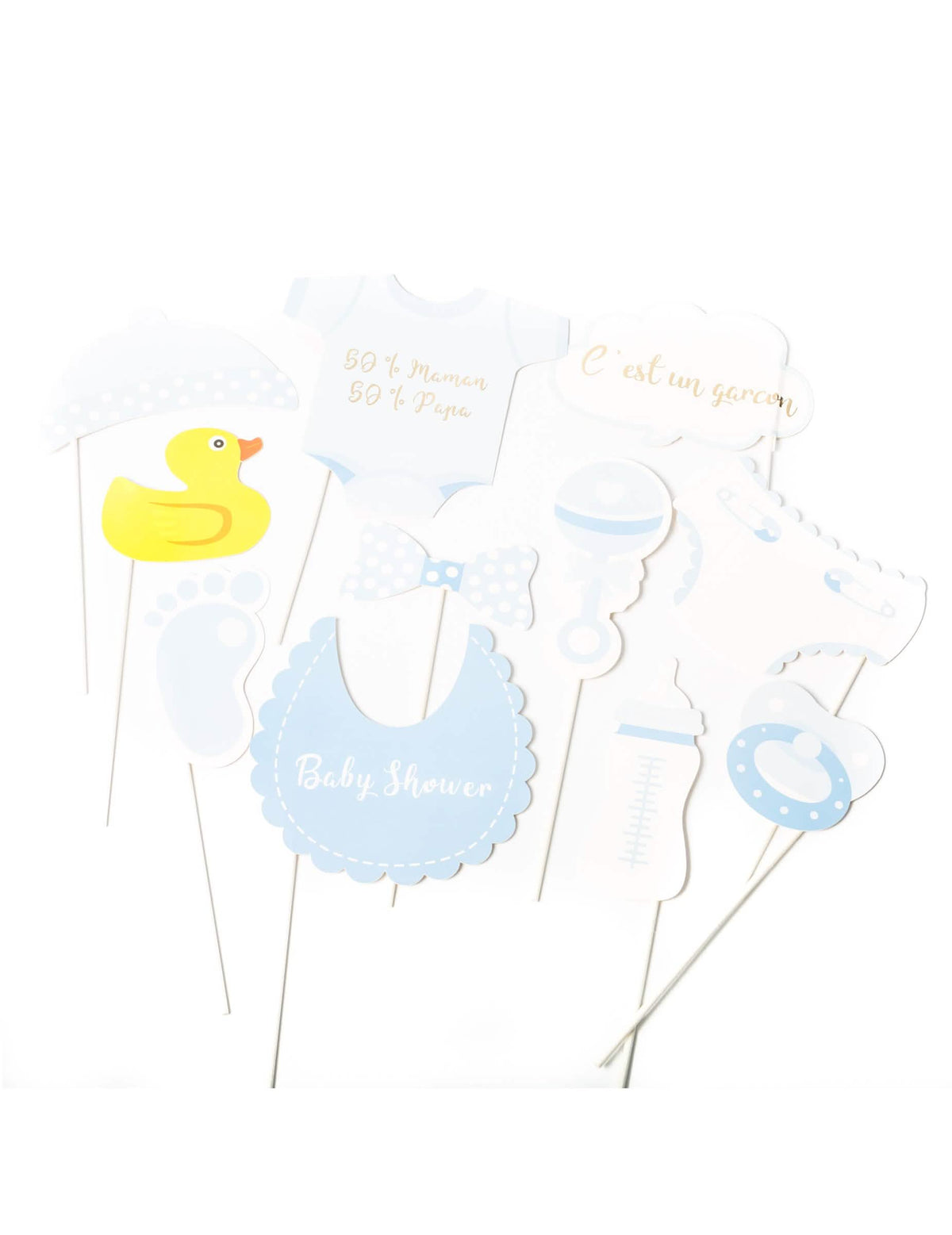 Kit photobooth baby shower pro chlapec modrá a bílá 11 dílů na tyčkách