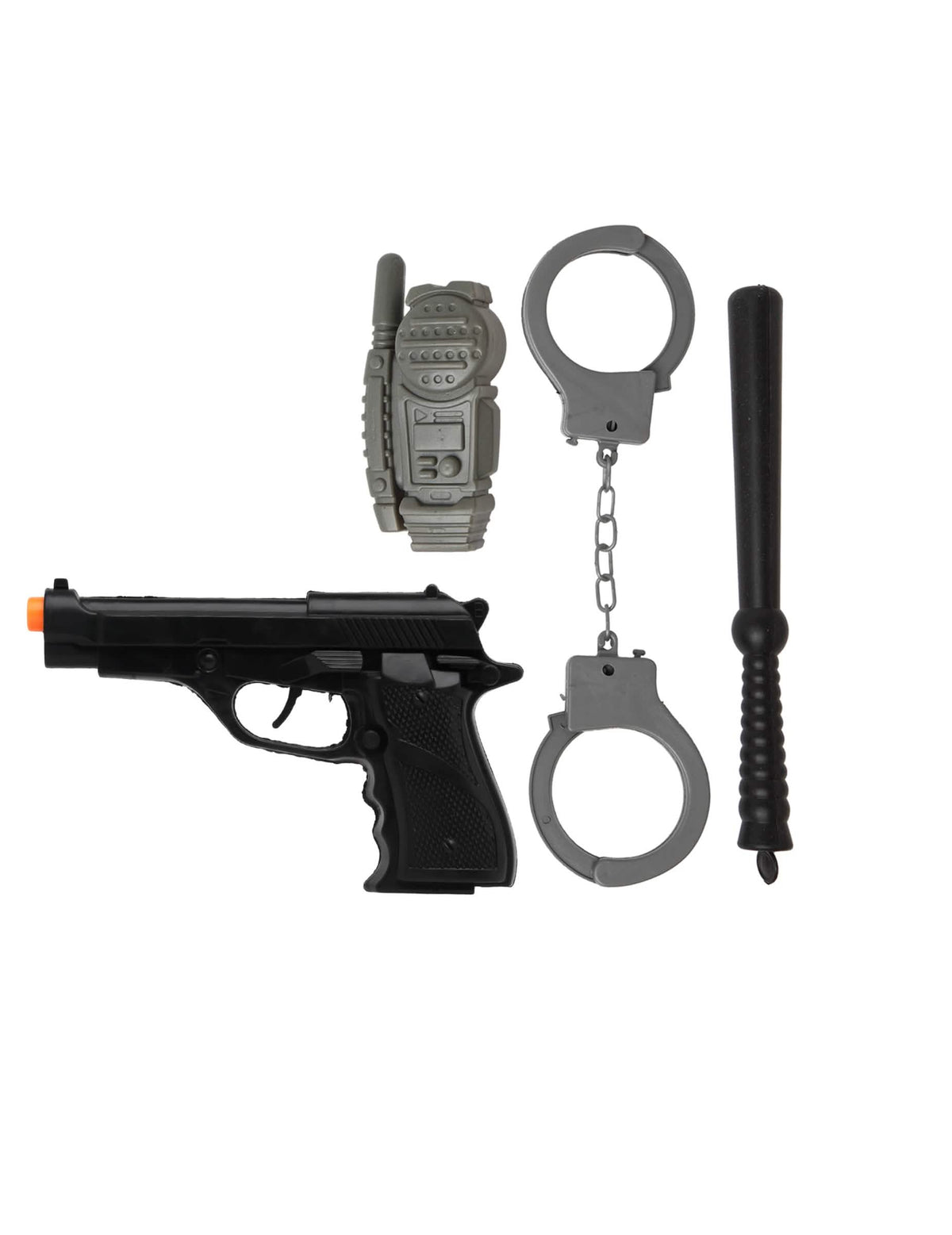 Detail pistole, talkie-walkie, pouta a obušku z policejní sady doplňků