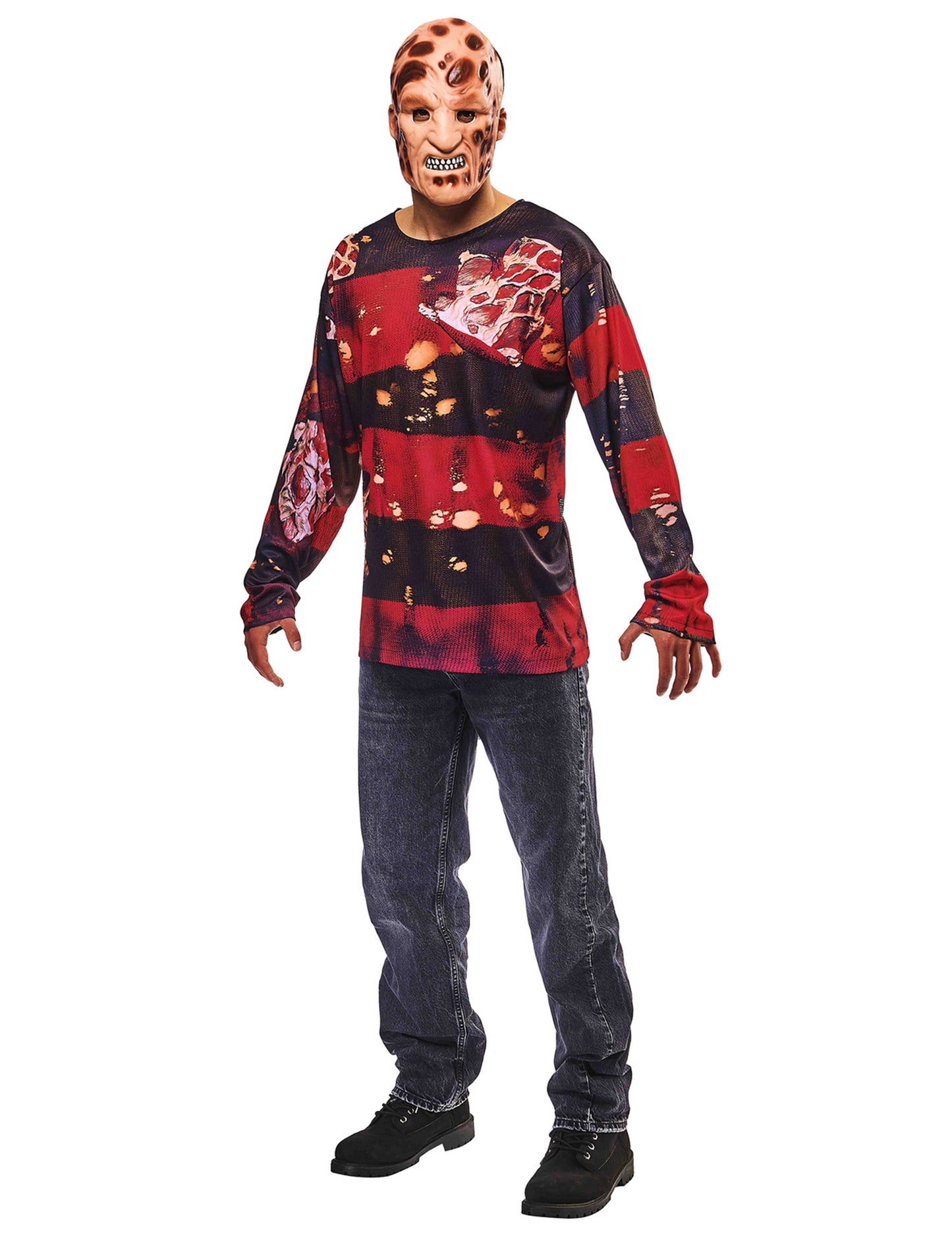 Kit top et masque Freddy Kruegger pour adulte rouge et noir à rayures avec effet de brûlures