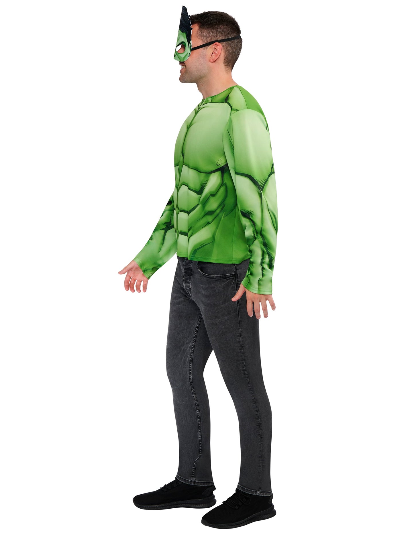 Vue de profil du kit top et masque Hulk pour adulte