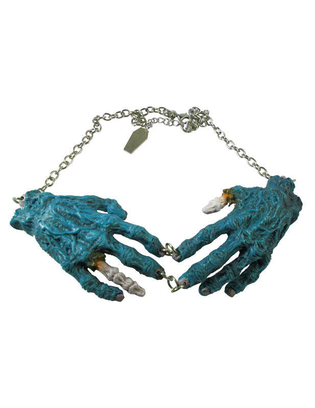 Gotický náhrdelník s přívěskem, modrý zombie ručičky