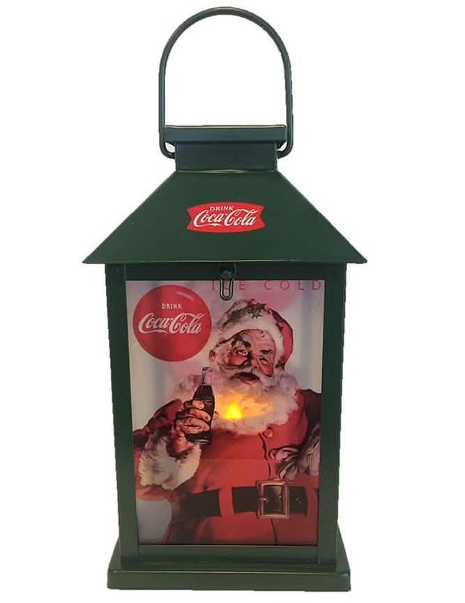 Svítící Coca-Cola lucerna pro zelenou dekoraci s ilustrací santa claus