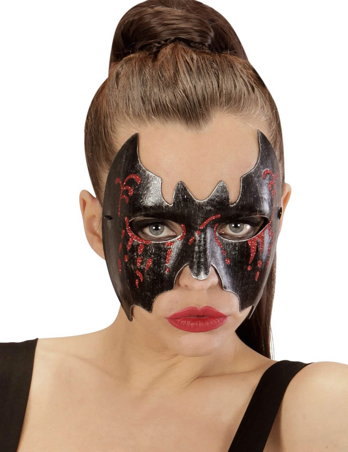 Krvavá netopýří halloween maska pro ženu černá a červená třpytivá