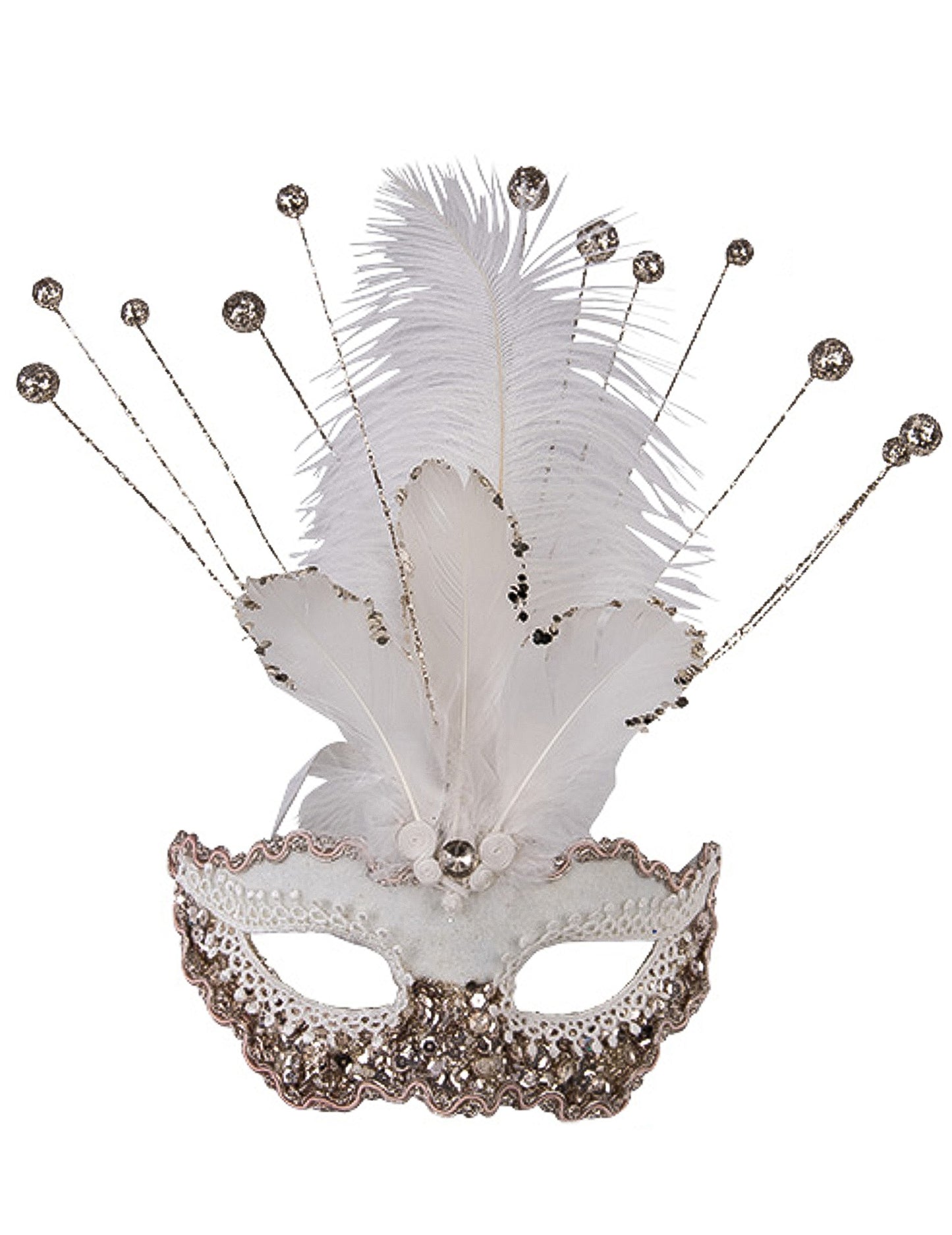Loup pailleté blanc luxe pour femme avec plumes et paillettes argentées