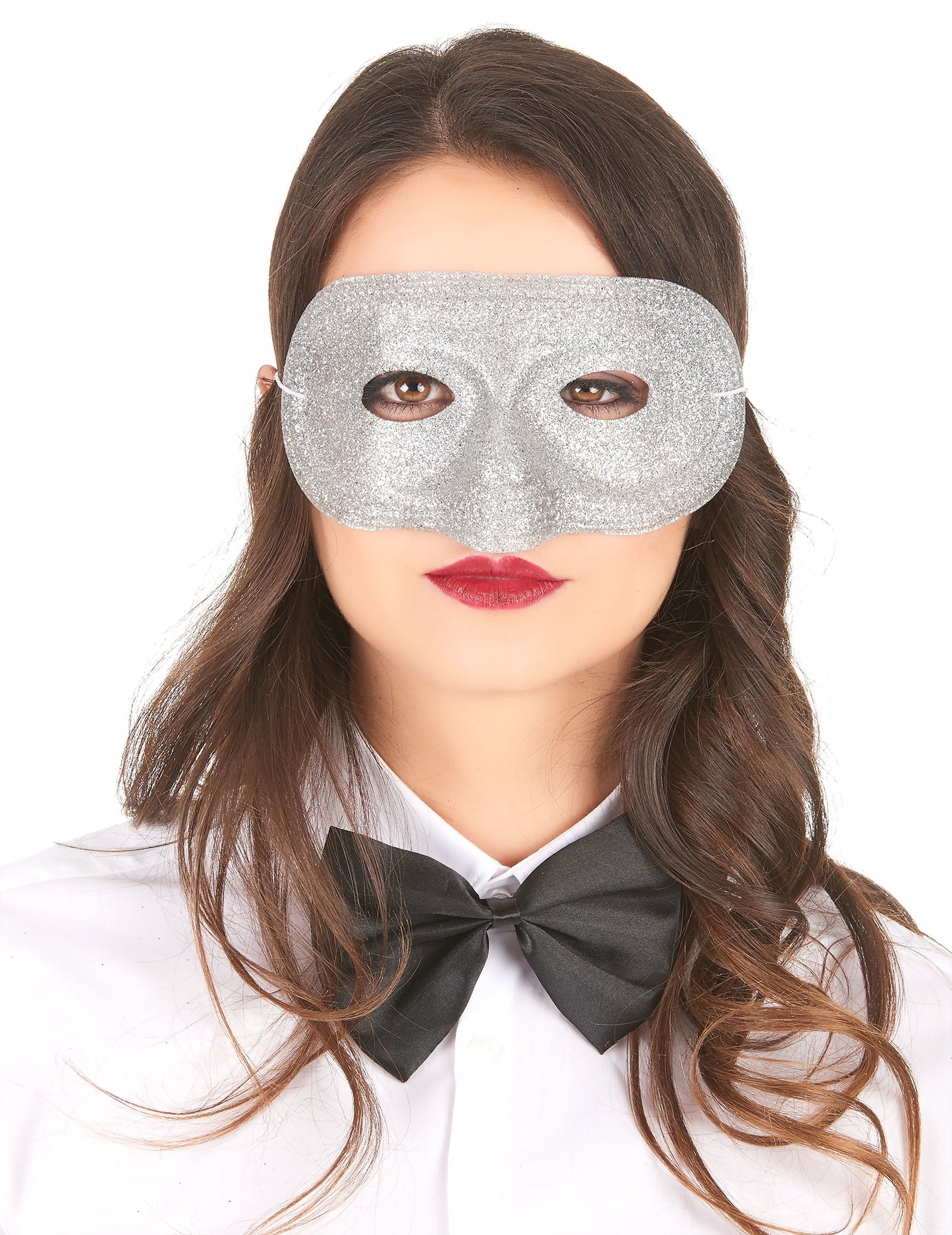 Pohled zepředu na stříbrnou třpytivou masku pro dospělé