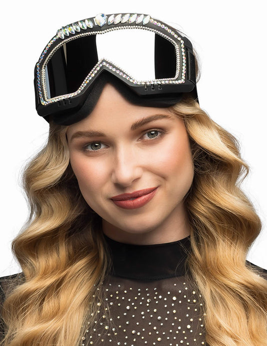 Portrait de face des lunettes de ski avec strass pour adulte noires et irisées