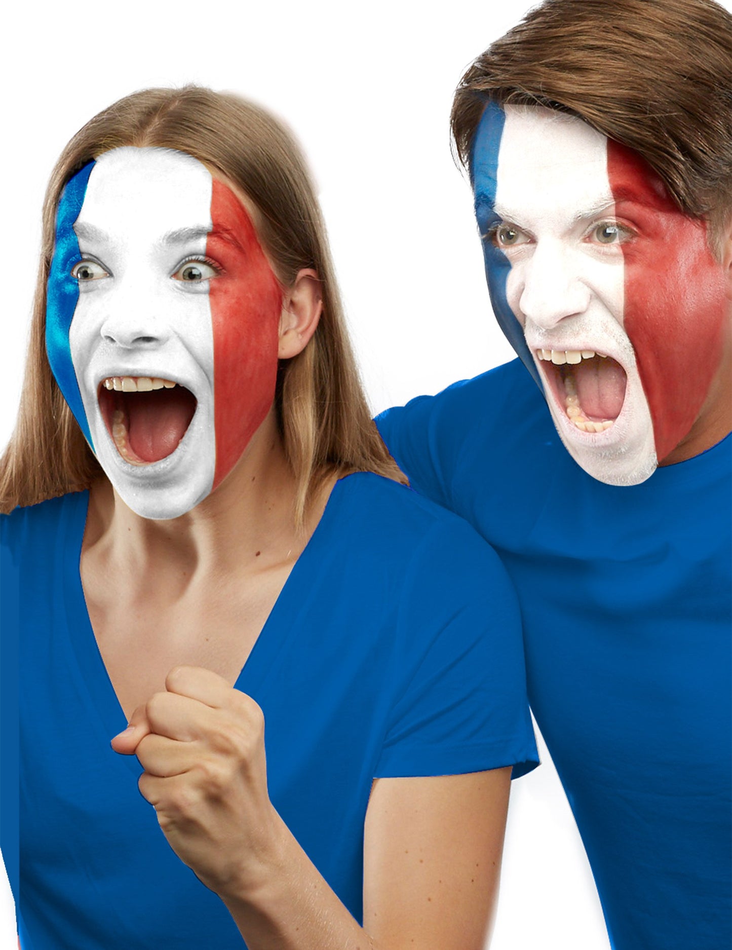 Výsledek použití make-upu pro fanoušky Francie na celém obličeji