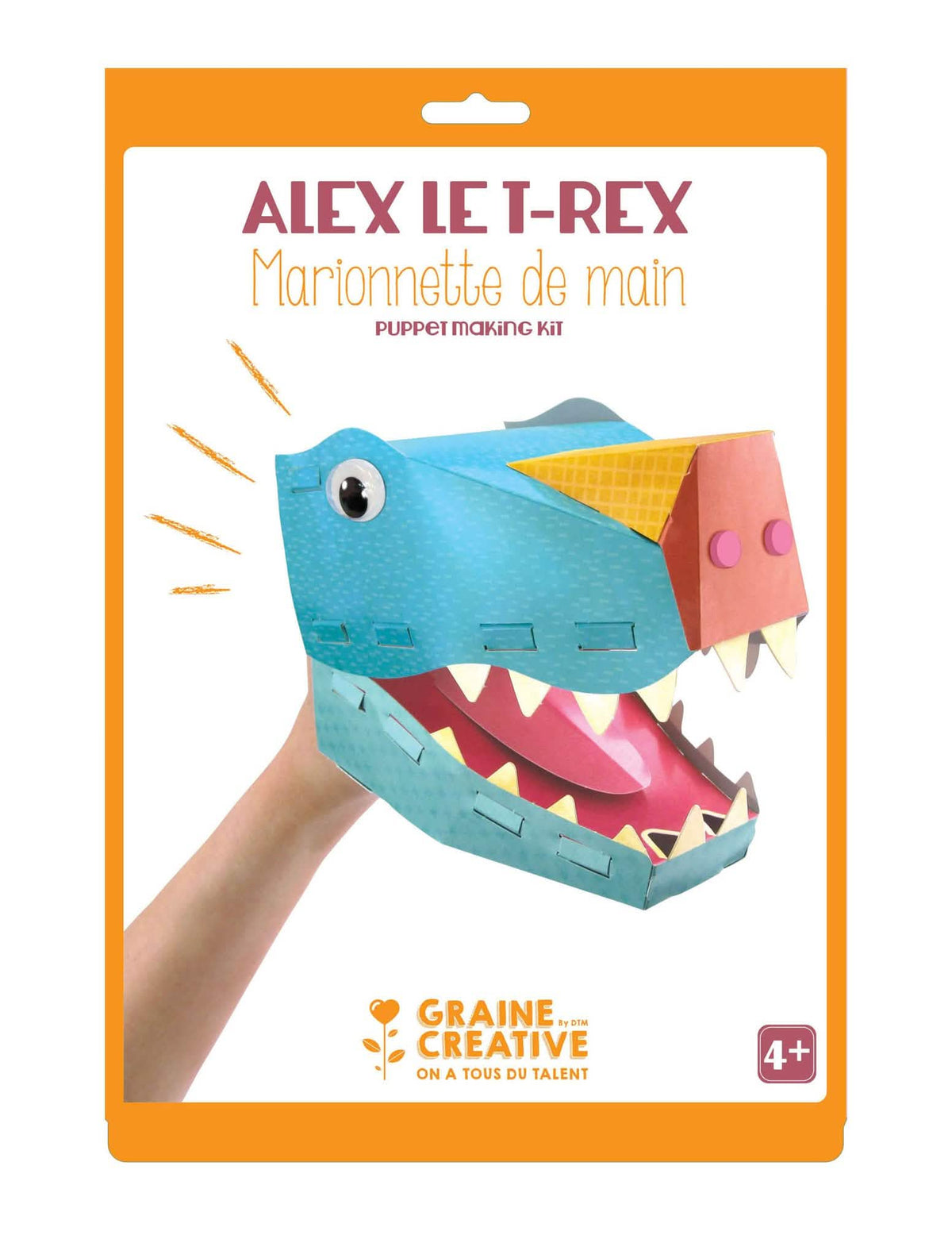 Kartonová kreativní sada modrá a oranžová dětská ruční loutka Alex T-Rex