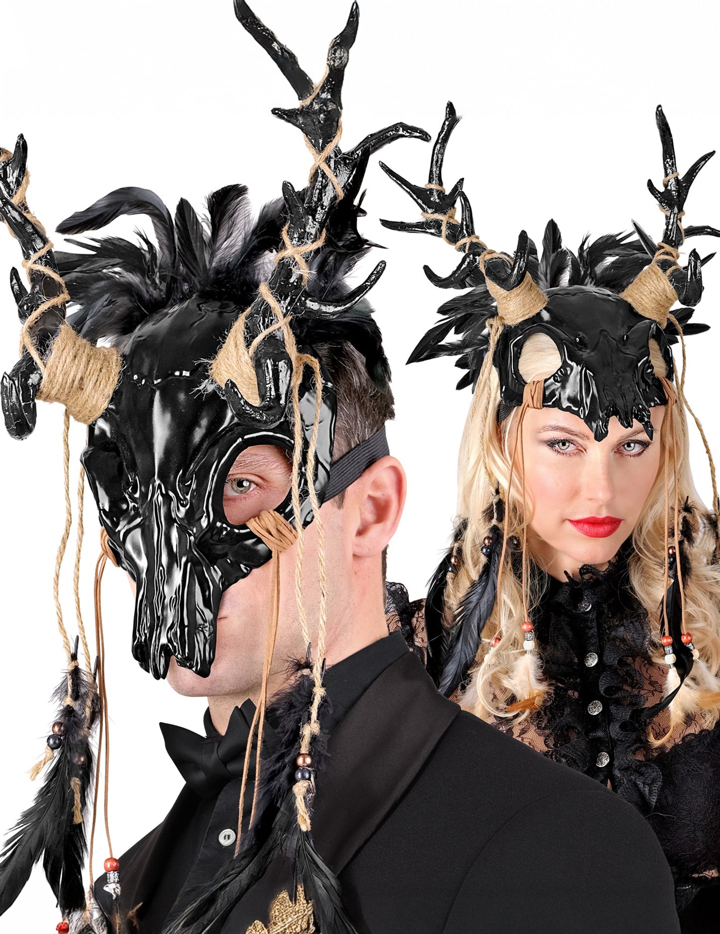 Černá voodoo šamanská maska s peřím pro dospělé