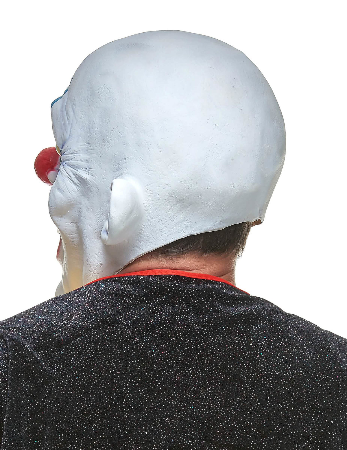 Pohled zezadu na latexovou masku ďábelského klauna