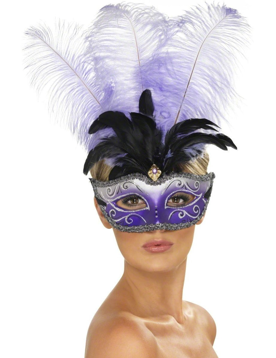 Loup vénitien pour adulte violet avec grandes plumes noires et violettes