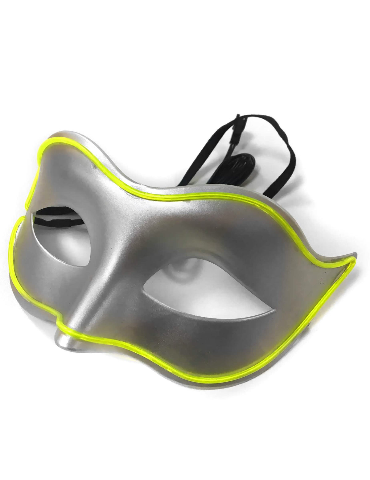 Pohled ze tří čtvrtin na neonovou LED benátskou masku pro dospělý