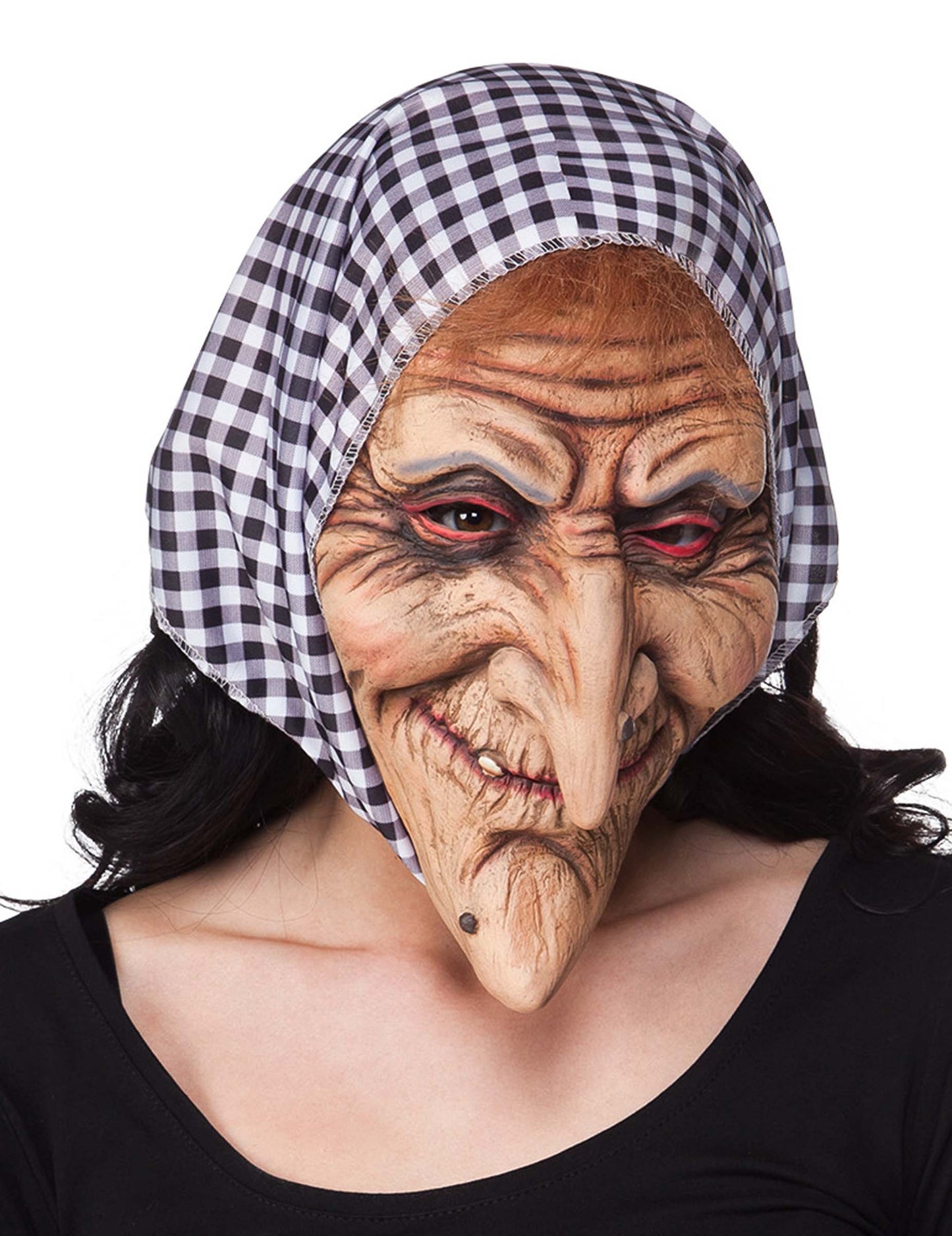 Masque vieille sorcière pour adulte avec foulard à carreaux noir et blanc