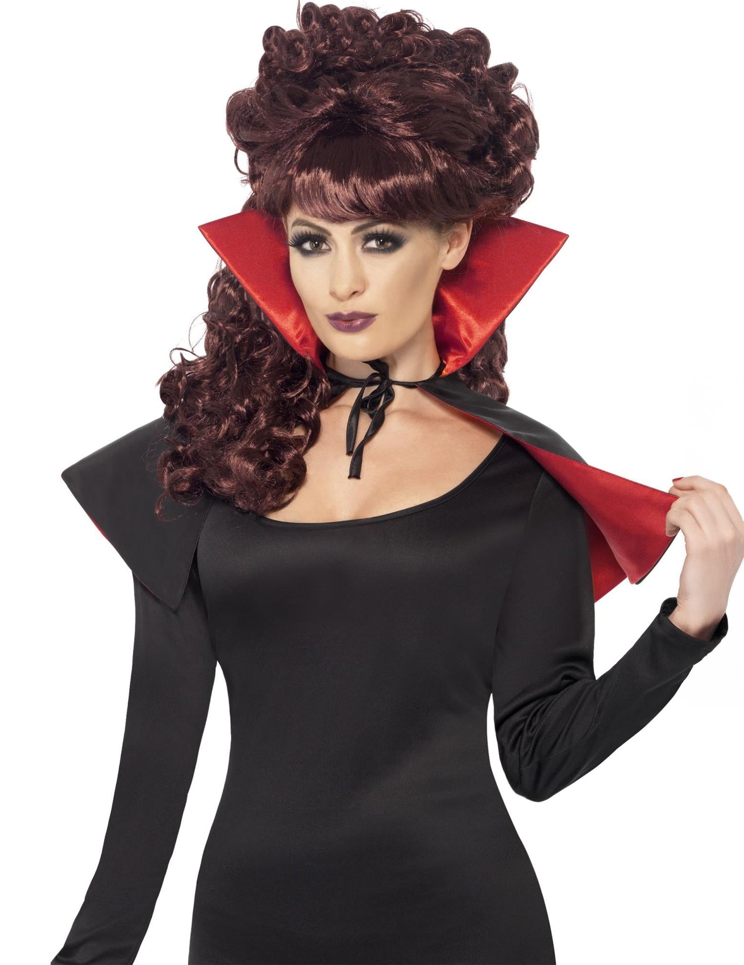 Mini vampýrský plášť na Halloween pro dospělé černý s červeným límcem