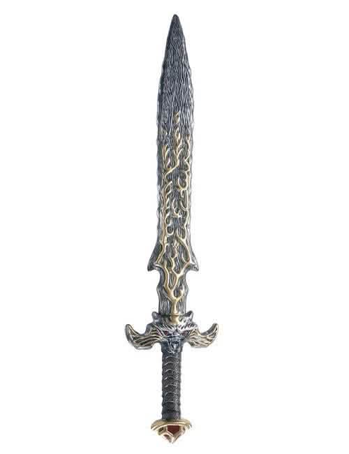 Mystický šedý a zlatý meč s jílcem vyřezávaným do hlavy draka