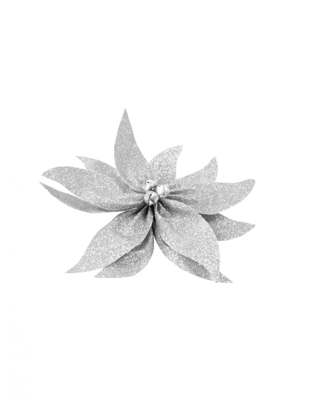 Nœud de poinsettia avec grelots de Noël pour décoration pailleté argenté